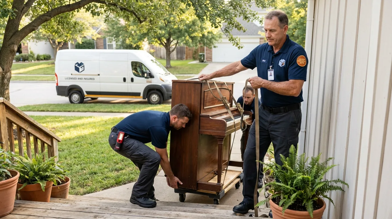 Licensed piano movers securing grand piano in Arthur, IL