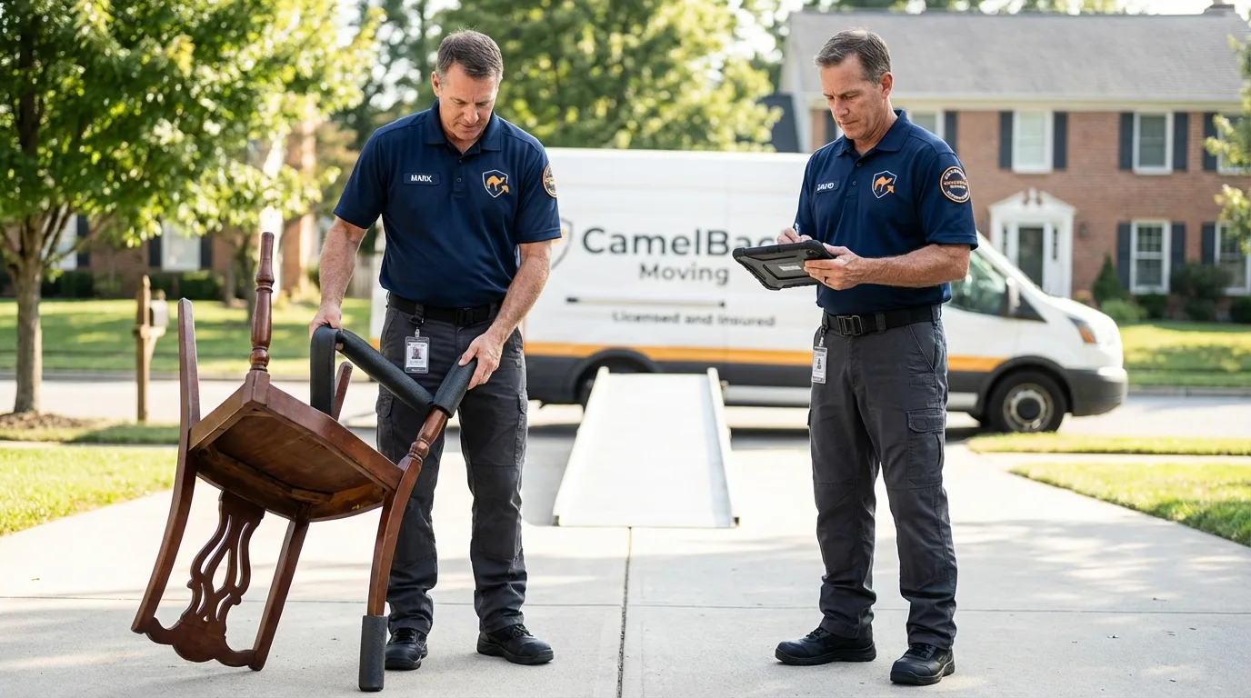 Movers inspecting furniture for damage prevention before loading in Arthur, IL